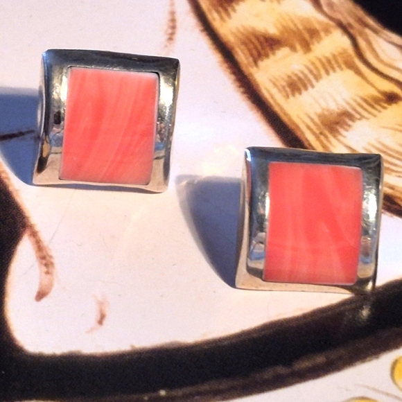 Rare Pink Coral 925 Sterling Silver Square Rare  Pink Coral and  Earrings - Picture 5 of 9